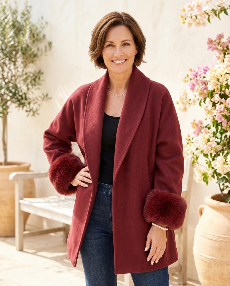 Ulla Fashion - Viren | Pelzbesetzt Verschlusslos Mantel Damen